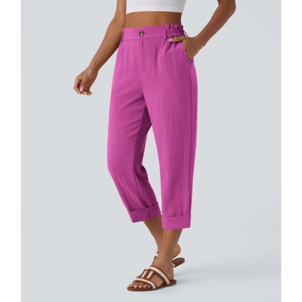 Halara High Waisted Zipper Pocket Cropped Linen-Feel Pants in Rose Violet